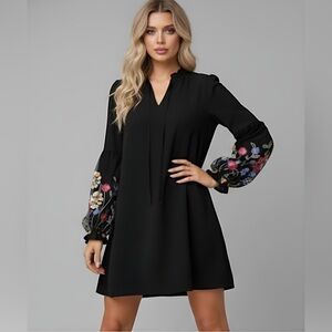 Boho Floral Embroidered Lantern Sleeve  Dress